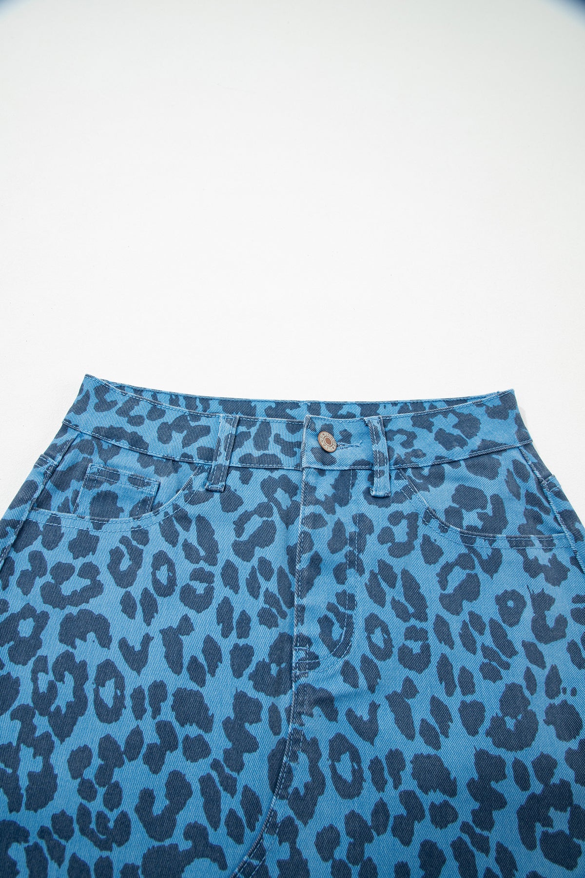 Falda vaquera larga informal de uso diario con estampado de leopardo azul cielo y marron