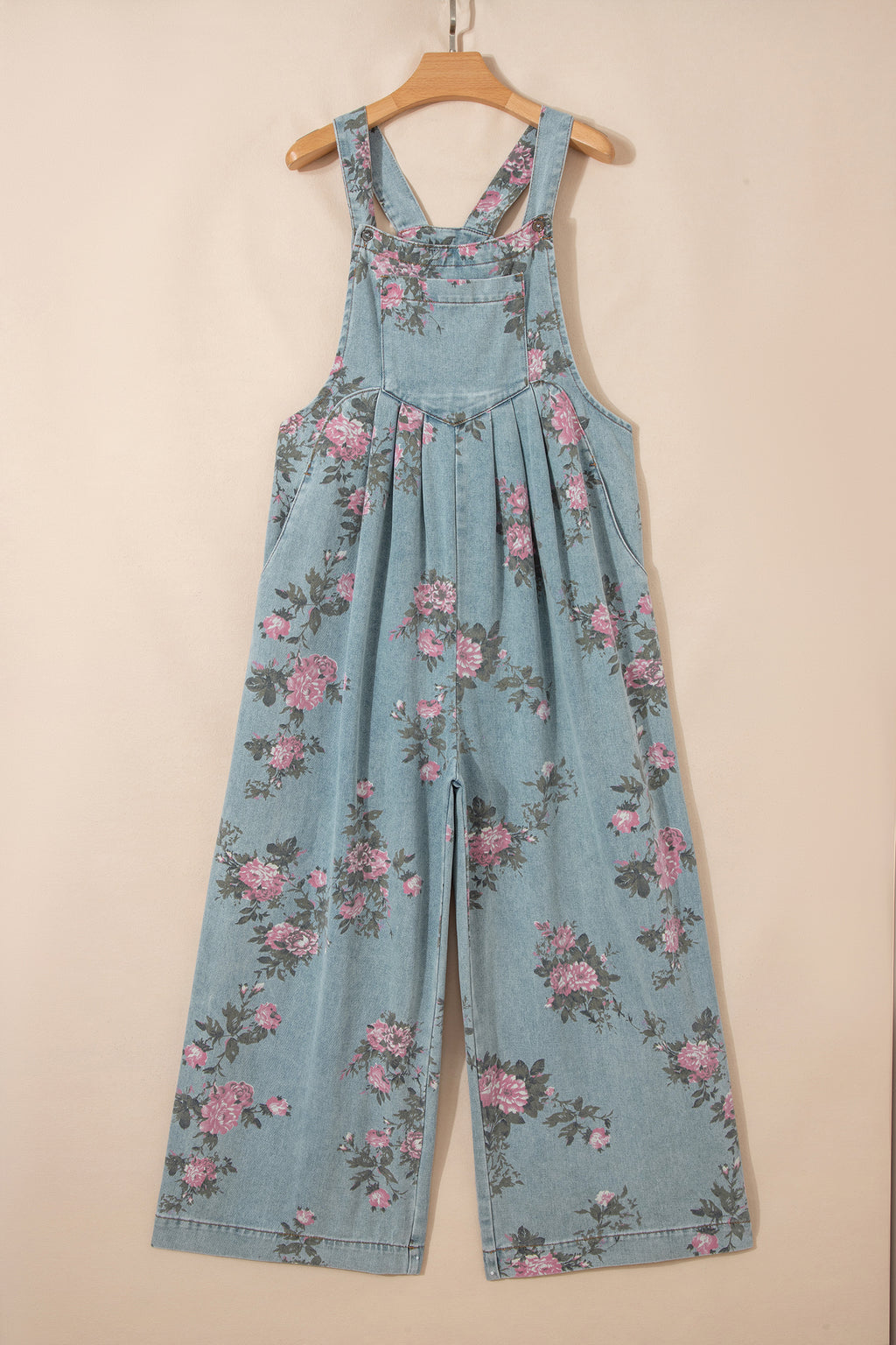 Mono vaquero plisado de talle alto y pierna ancha con estampado floral azul Beau