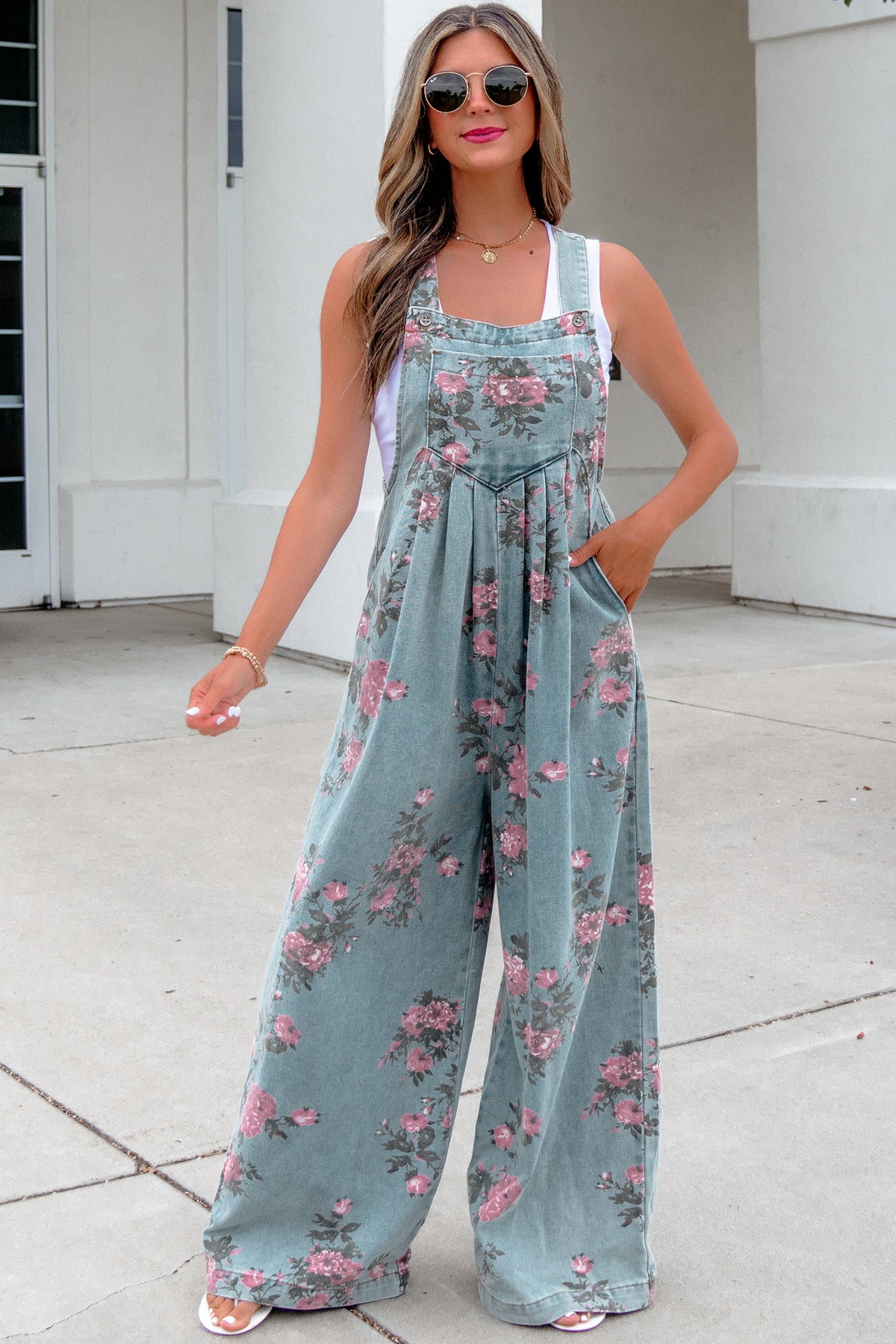 Mono vaquero plisado de talle alto y pierna ancha con estampado floral azul Beau