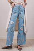 Vaqueros rectos con bajo deshilachado y estampado floral retro azul cielo