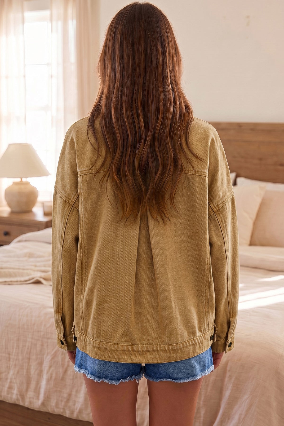 Chaqueta vaquera de manga larga con cuello y botones metálicos color miel