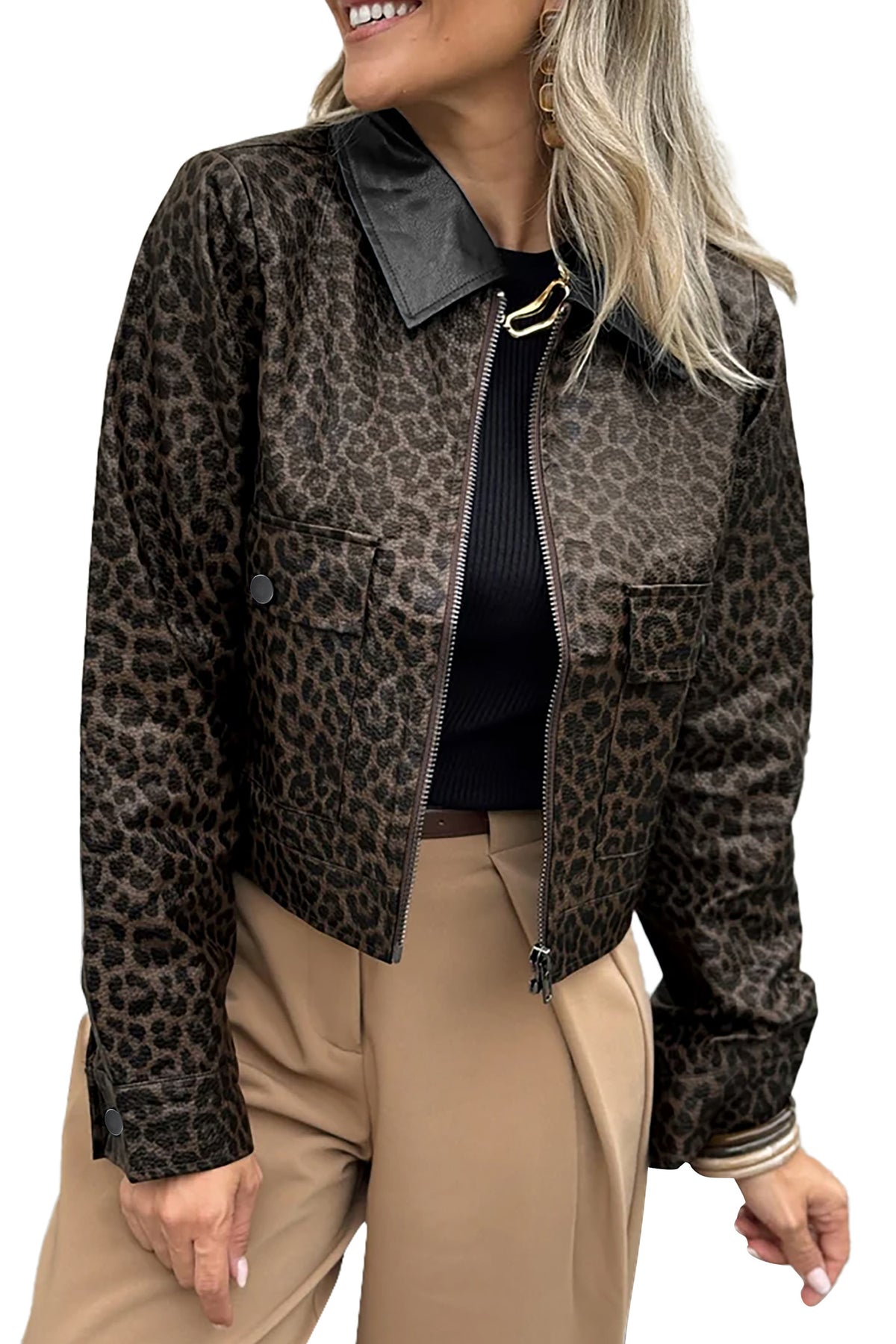 Chaqueta con cuello de bloques de color y estampado de leopardo multicolor
