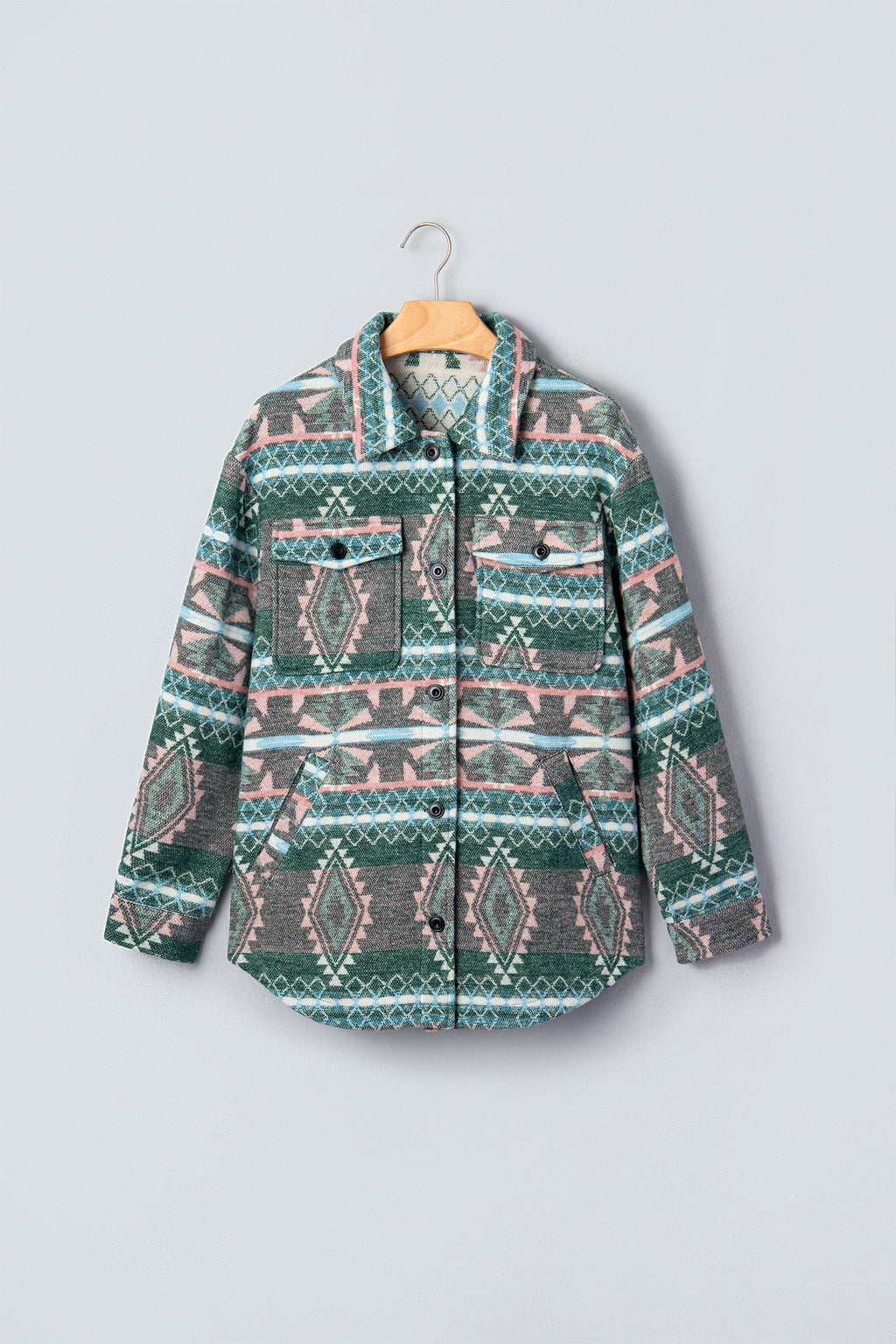 Chaqueta de manga larga con botones delanteros y estampado geométrico verde