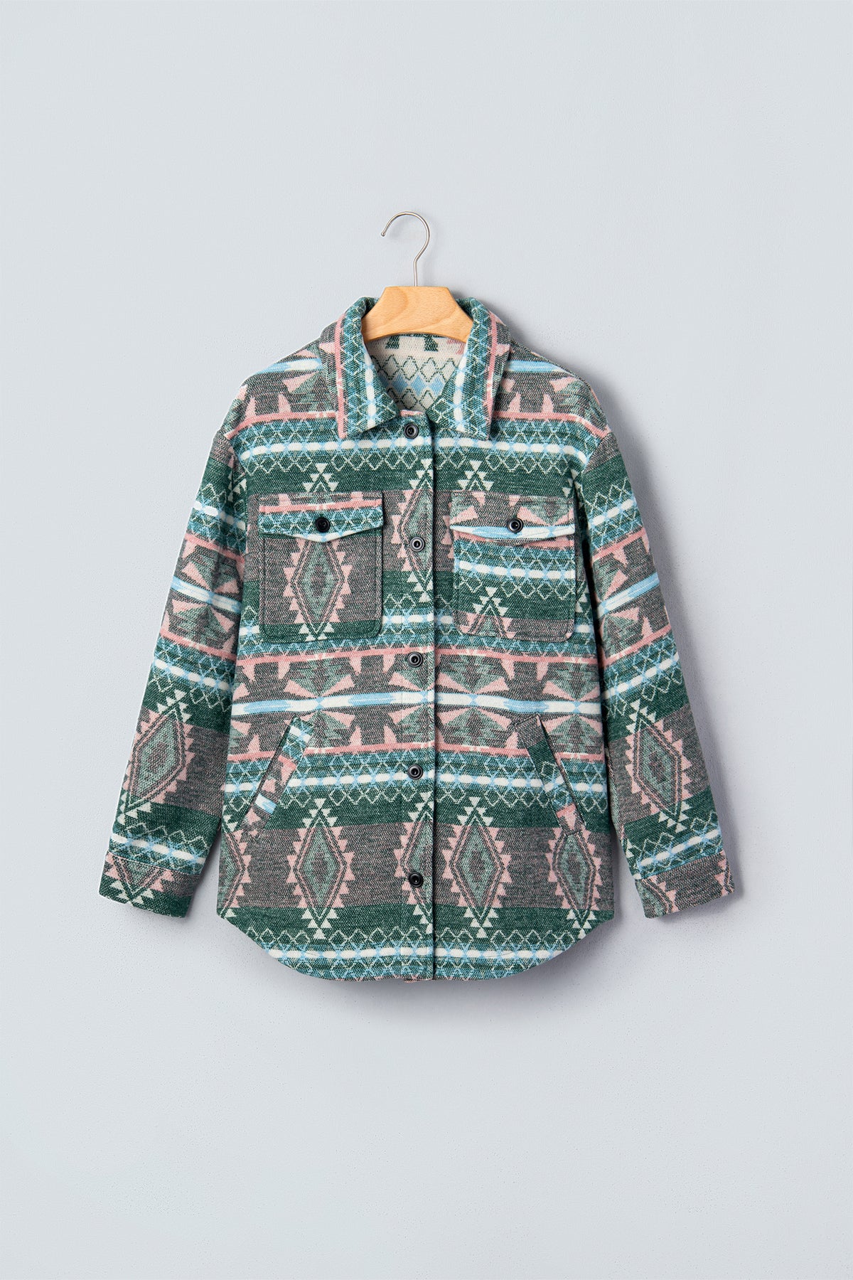 Chaqueta de manga larga con botones delanteros y estampado geométrico verde