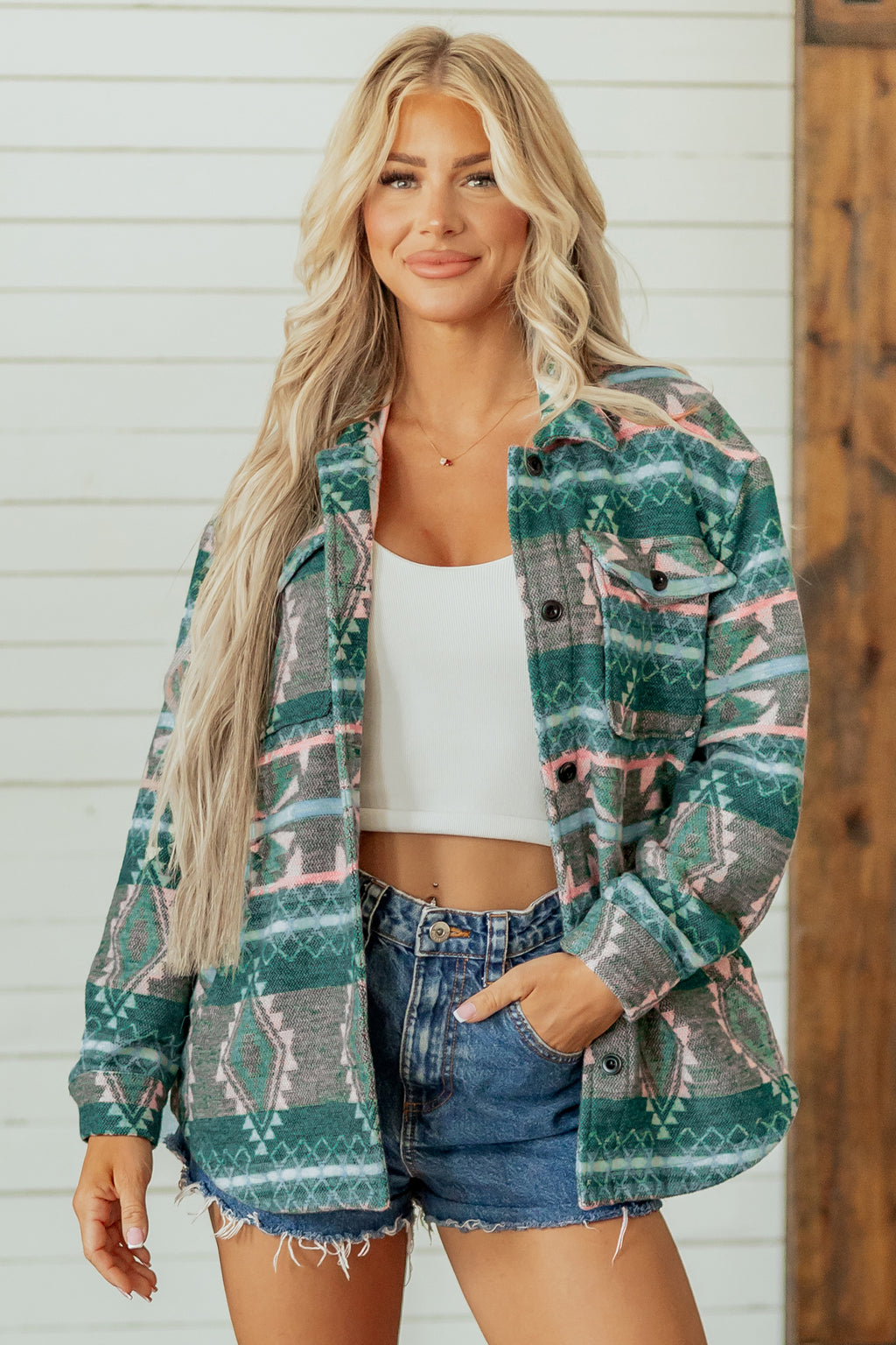 Chaqueta de manga larga con botones delanteros y estampado geométrico verde