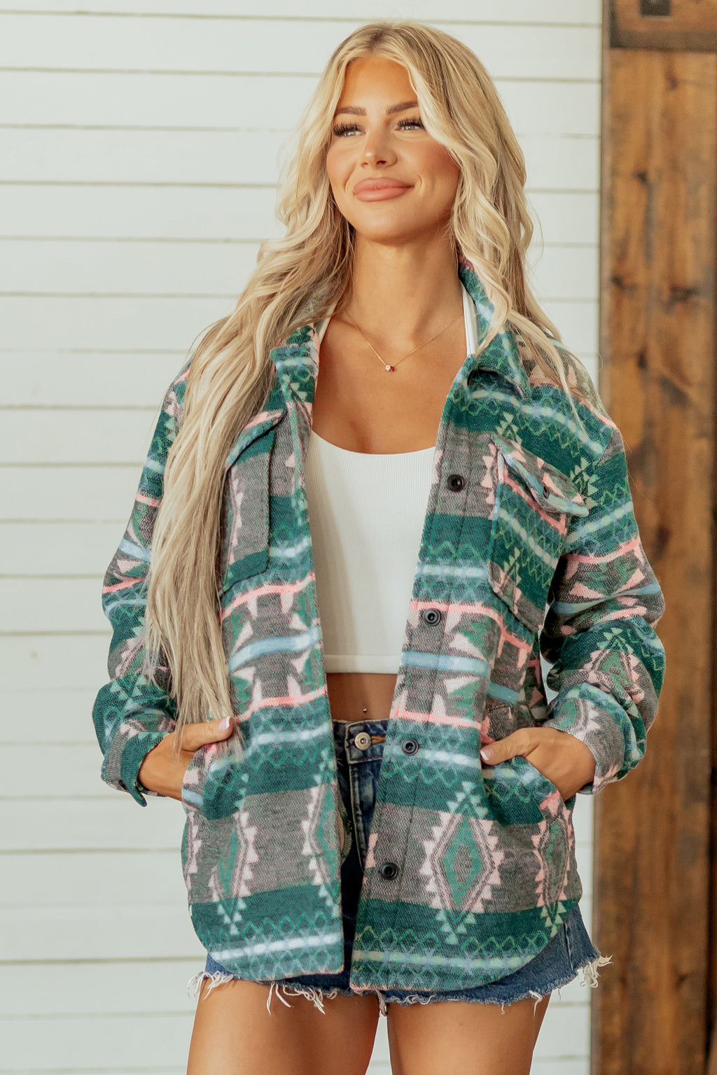 Chaqueta de manga larga con botones delanteros y estampado geométrico verde