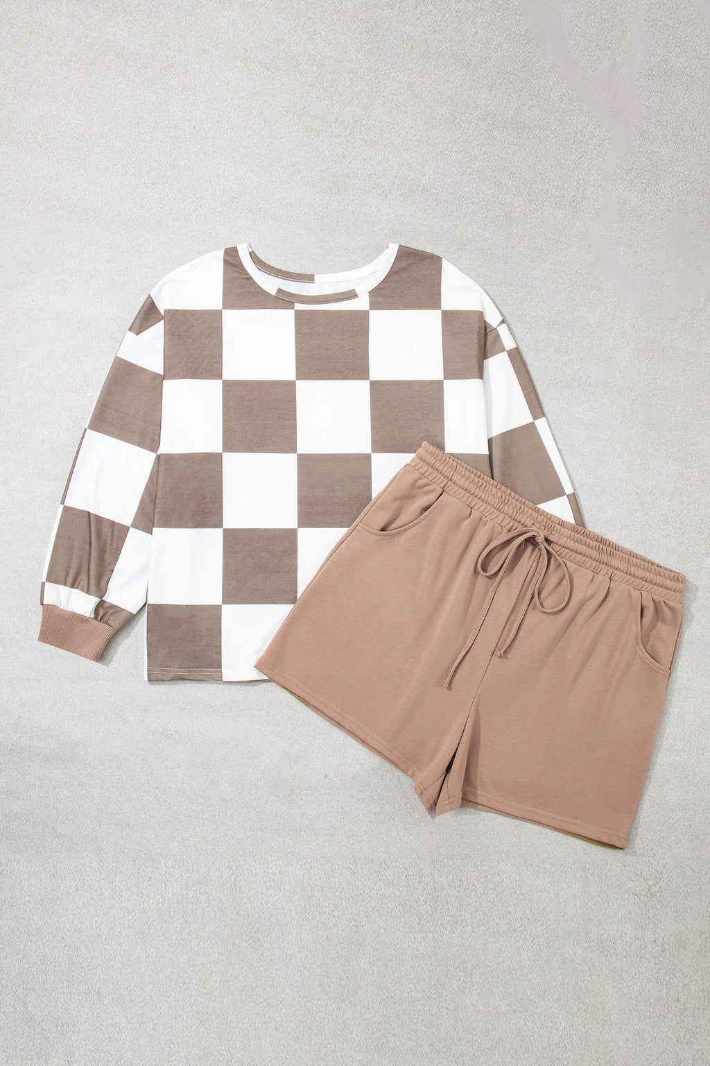 Conjunto de 2 piezas: pantalón corto de manga larga de color liso con estampado de cuadros