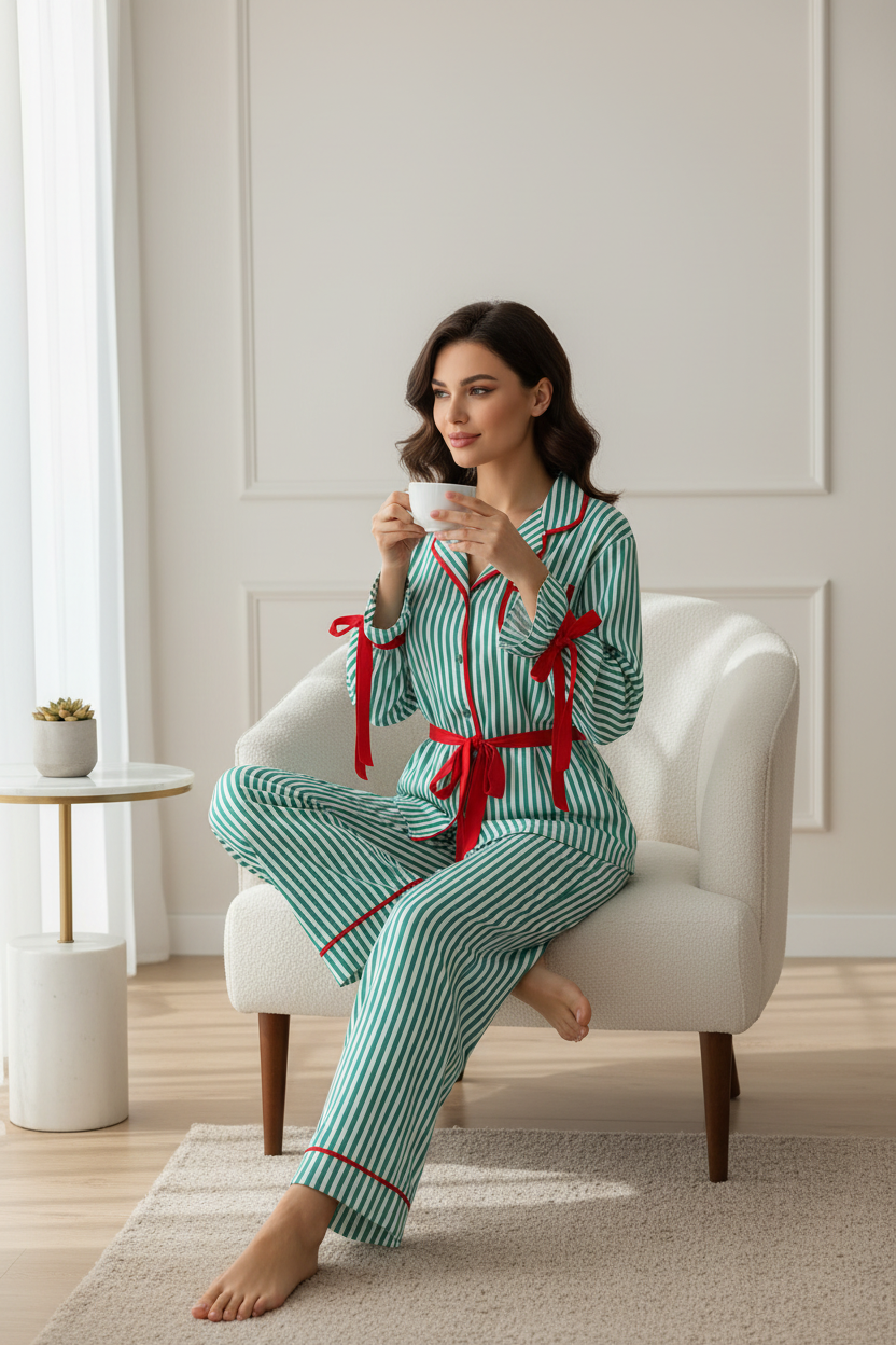 Modelo con pijama de rayas tomando café